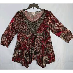 DressBarn Tunic Women's 14-16 Red Embellished 3/4 Sleeve Handkerchief Hem EUC